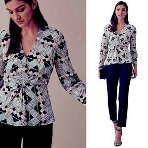 REISS Livinia Multi-Geo Print Tie Front Long Sleeve Shirt Blouse Sz 4